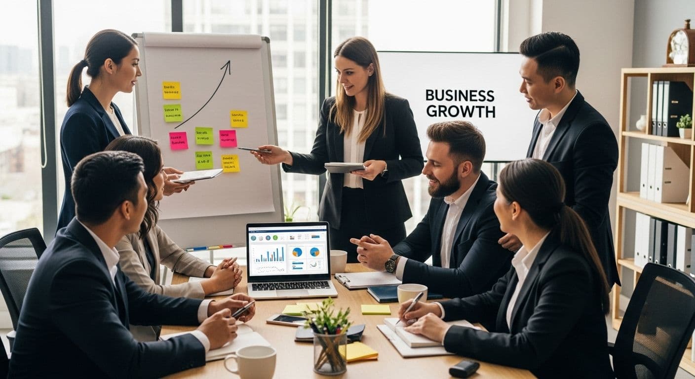 Diverse business team collaborating in a meeting about growth with a whiteboard and screen.